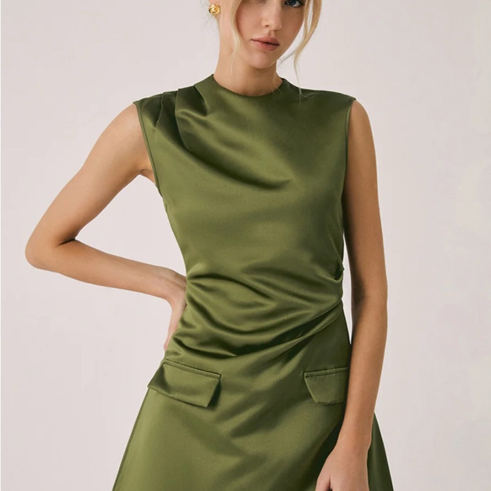 The Commense NEW Satin Crew Neck Mini Dress Small Olive Green